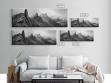 Jagged Peaks, Foggy Mountains, Dramatic Range, Canvas Print, Monochrome Wilderness Art, Office or Cabin Wall Decor, Adventure Style
