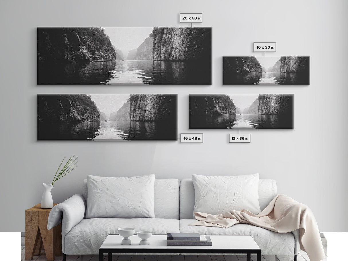 Misty Canyon, River Passage, Tranquil Adventure, Canvas Print, Nature Escape Wall Art, Zen Office Decor, Moody Black and White Style