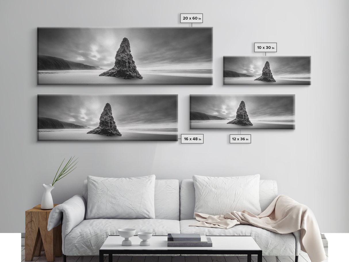 Coastal Monolith, Oregon Seascape, Moody Sky, Dramatic Beach, Framed Canvas Print, Coastal Wall Art, Modern Minimalist Decor