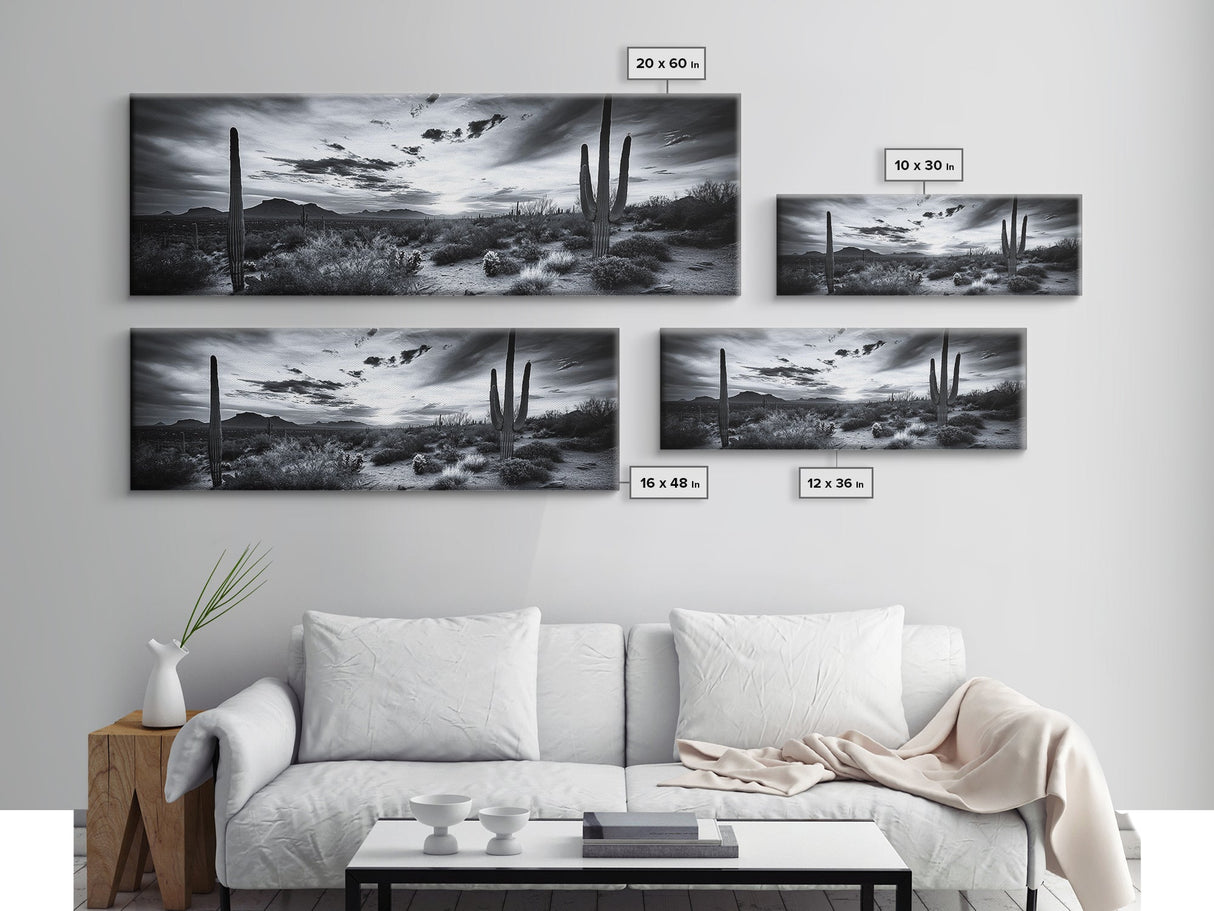 Desert Sunset, Cactus Silhouettes, Southwestern Landscape, Moody Sky Scene, Framed Canvas Print, Western Wall Art, Rustic Office Decor