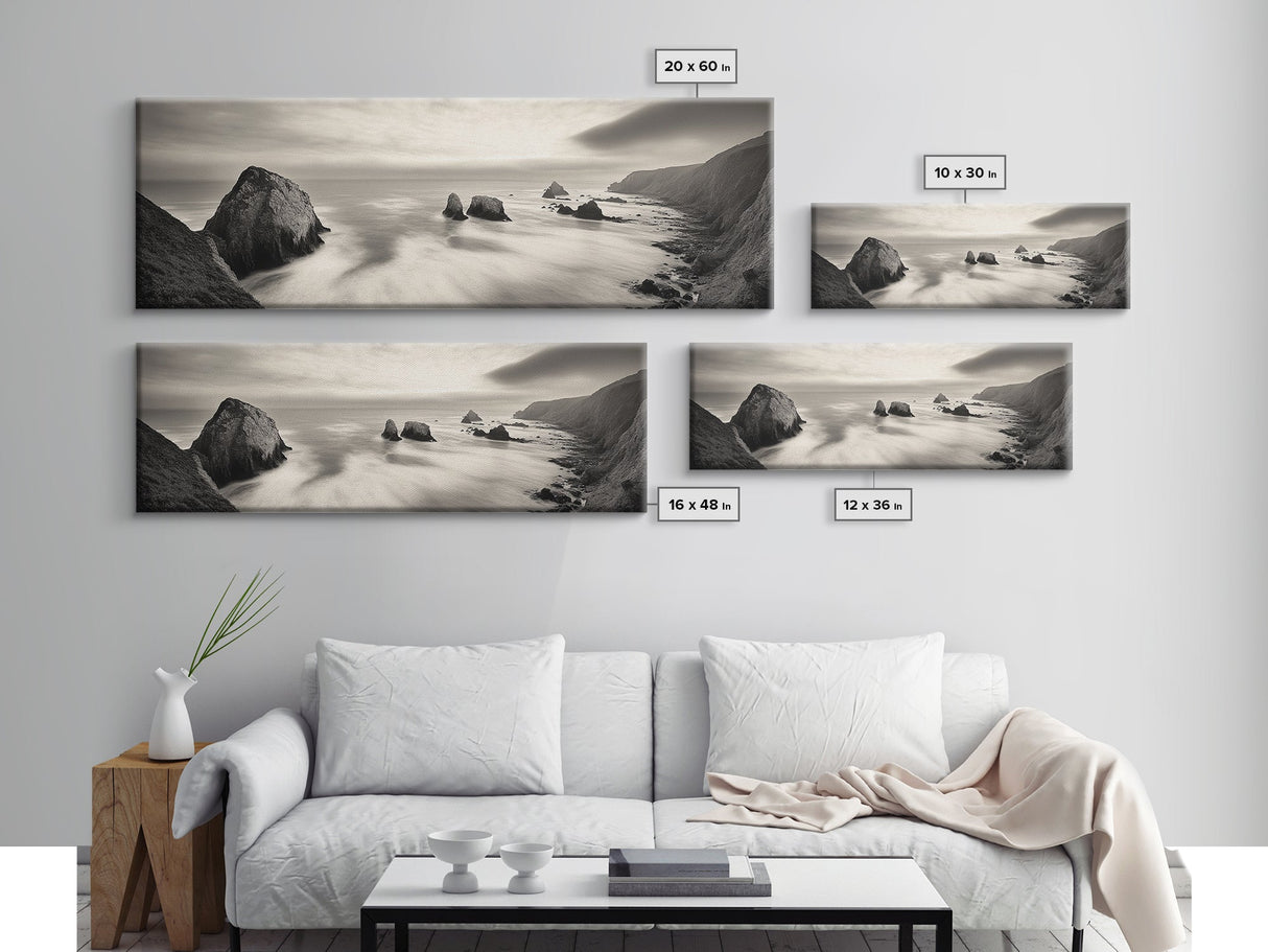 Rocky Coastline, Ocean Cliffs, Soft Waves, Long Exposure Landscape, Framed Canvas Print, Nautical Wall Art, Calm Living Room Decor