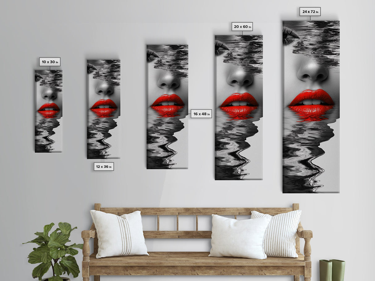 Red Lips, Reflections, Water Art, Surreal Beauty – Canvas Print, Glam Wall Art, Bathroom Decor, Black White Red Art, Fashion Aesthetic