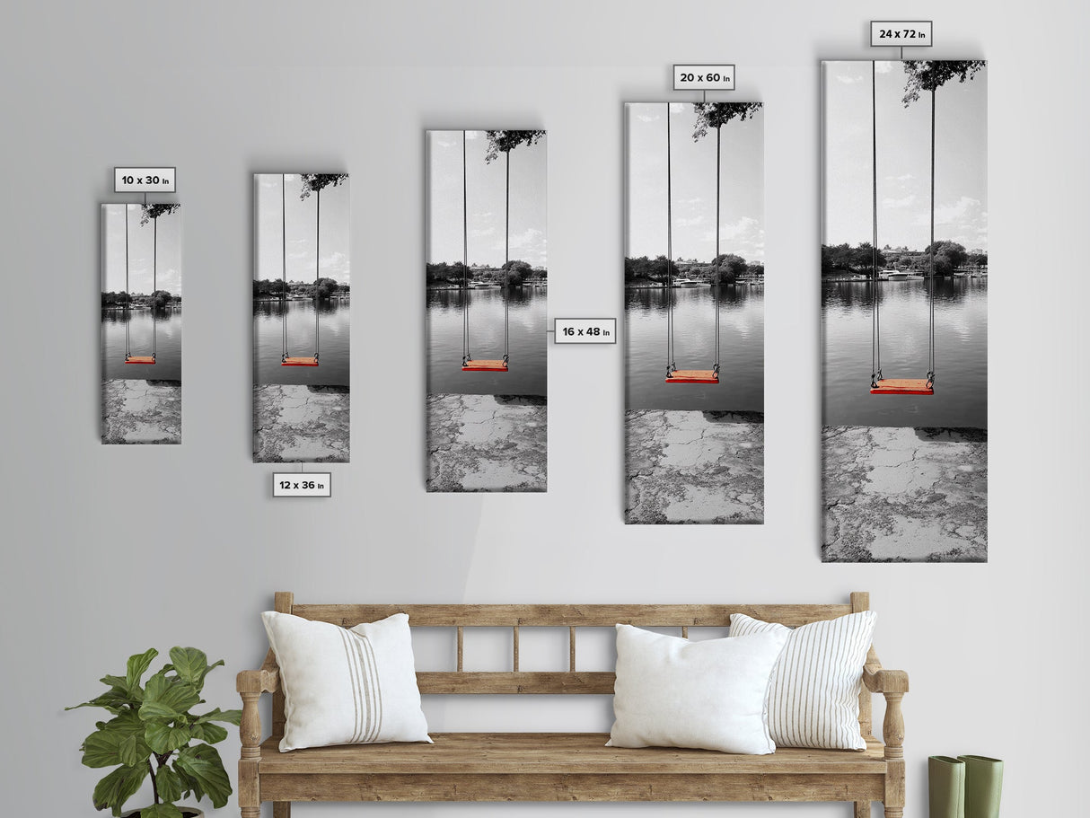 Swing Over Lake, Still Waters, Childhood Memories, Tranquil View – Canvas Print, Minimalist Wall Art, Kids Room Decor, Serene Black and White