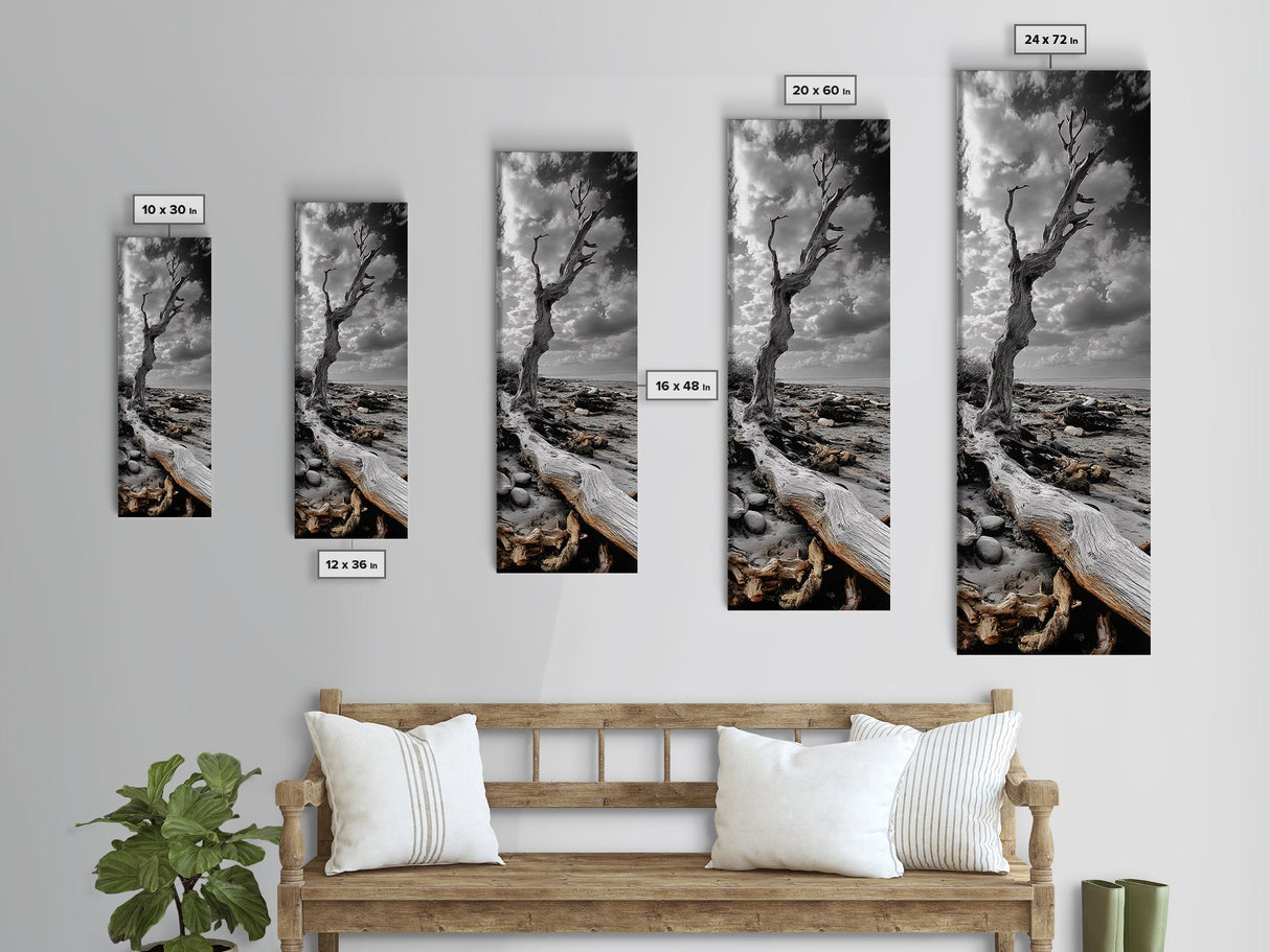 Weathered Tree, Coastal Roots, Dramatic Sky, Natural Form – Canvas Print, Living Room Wall Art, Monochrome Photography, Driftwood Decor