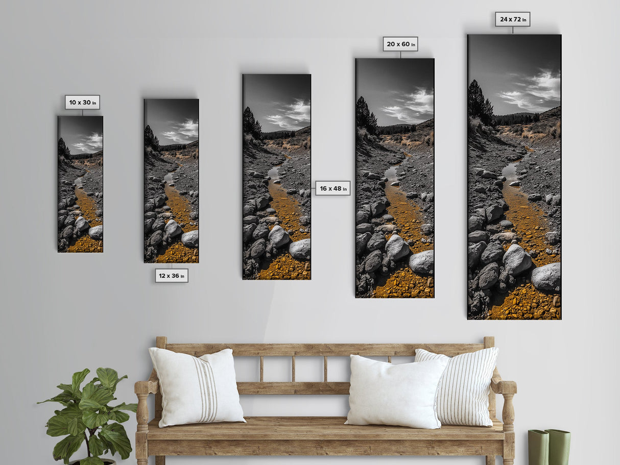 Golden Stream, Desert Serenity, Nature Path, Autumn Glow, Framed Canvas Print, Rustic Landscape Wall Art, Minimalist Earth Tones Decor