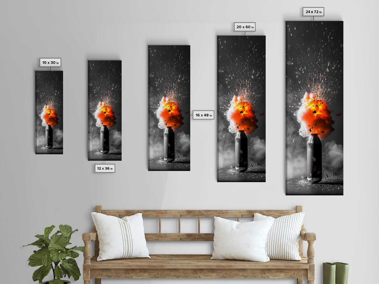 Fire Burst, Orange Explosion, Energy Impact, Fiery Blast, Framed Canvas Print, Abstract Modern Art, Gamer Room Decor, Bold Statement Piece