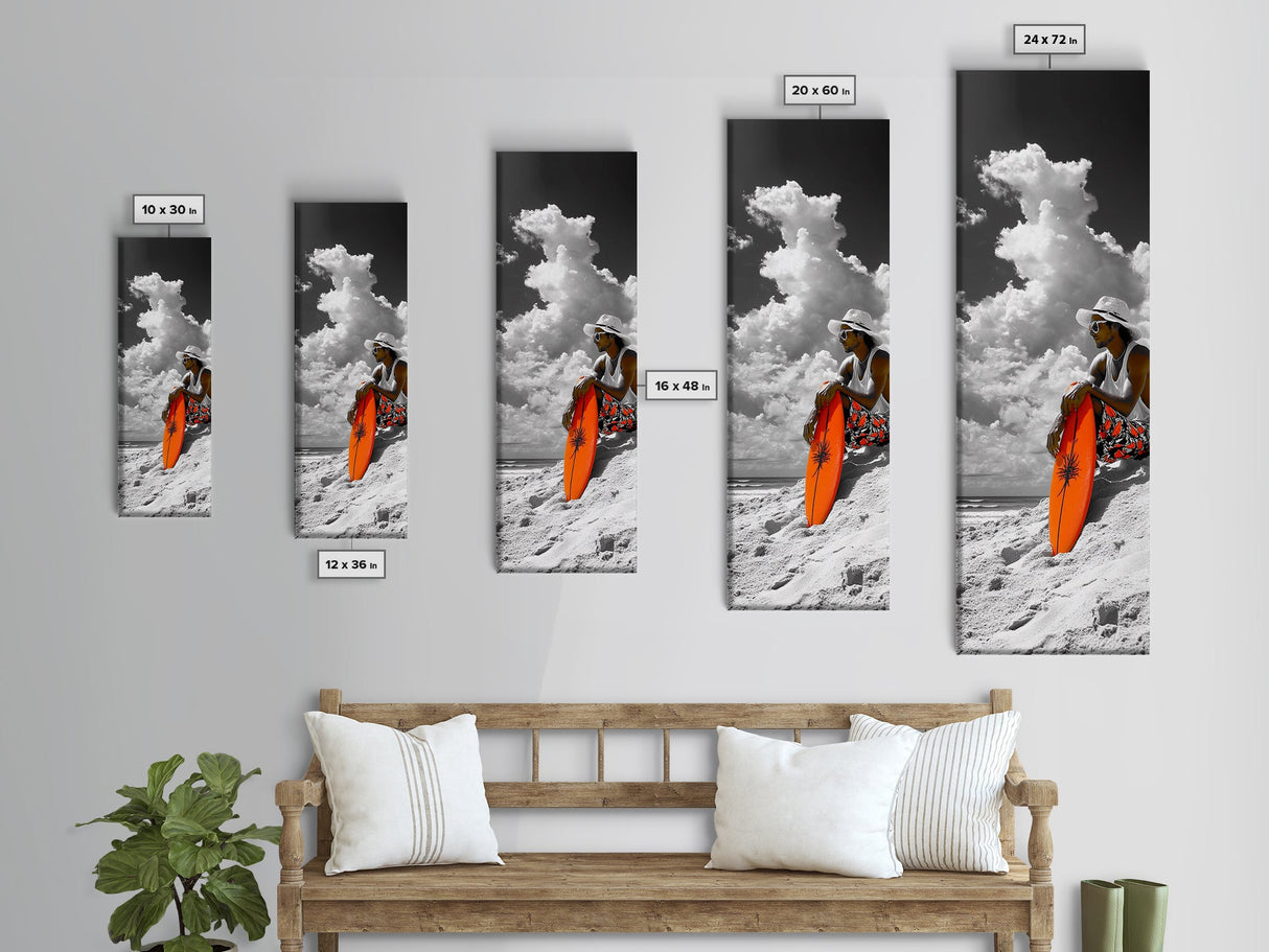 Surfer Beach Day, Orange Surfboard, Ocean Mood, Framed Canvas Print, Tropical Wall Art, Coastal Bedroom Decor, Modern Minimalist Style