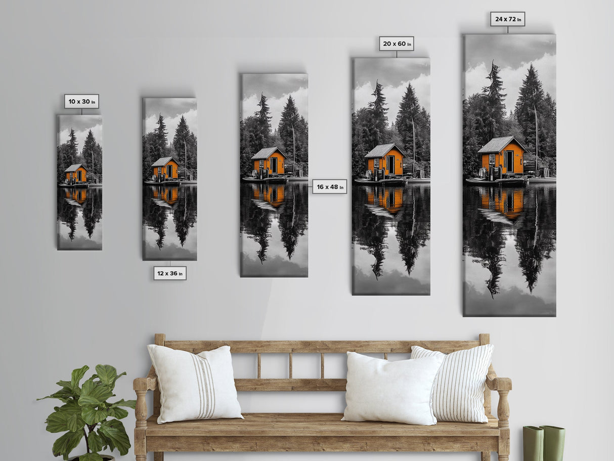 Lake Cabin, Reflection Serenity, Forest Escape, Framed Canvas Print, Nature Wall Art, Rustic Lodge Decor, Cabin Living Room Inspiration