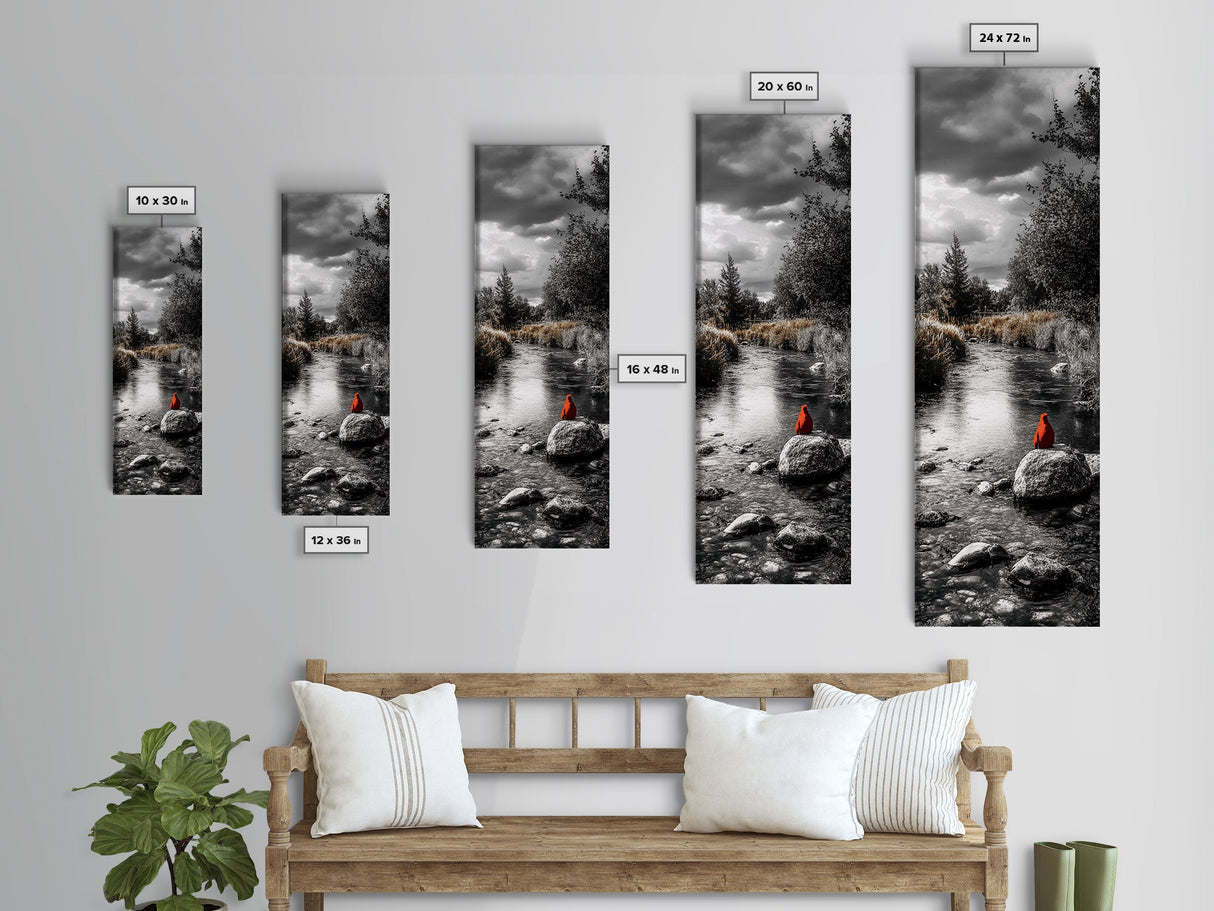 Red Cardinal, River Print, Nature Wildlife Art, Peaceful Landscape, Canvas Print, Rustic Living Room Decor, Autumn Wall Art, Forest Bird
