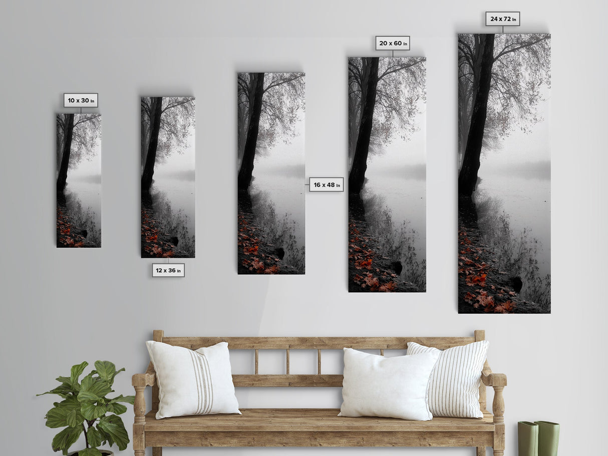 Foggy Shore, Autumn Path, Moody Nature Wall Art, Canvas Print, Fall Leaves, Serene Forest, Bedroom Decor, Woodland Landscape