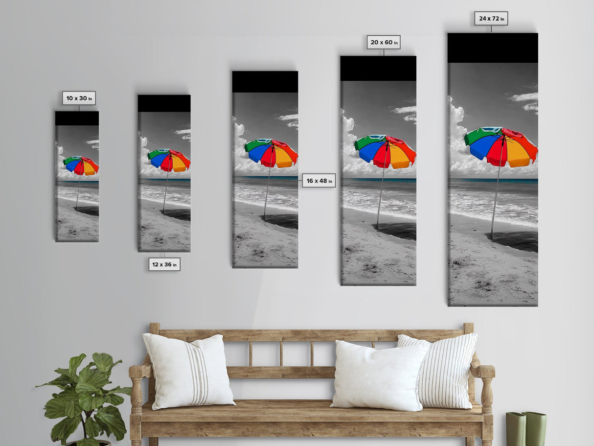Rainbow Umbrella, Sandy Beach, Summer Sky, Framed Canvas Print, Coastal Bathroom Art, Vibrant Beach Decor, Modern Tropical Style