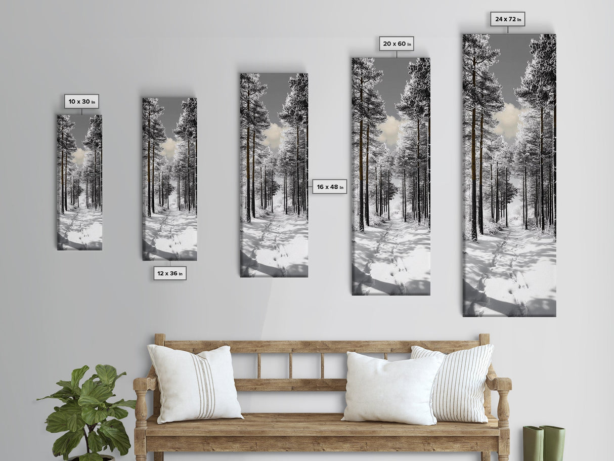 Snow Path, Winter Forest, Frosty Pines, Silent Trail, Framed Canvas Print, Christmas Wall Art, Cabin Decor, Nordic Winter Scene