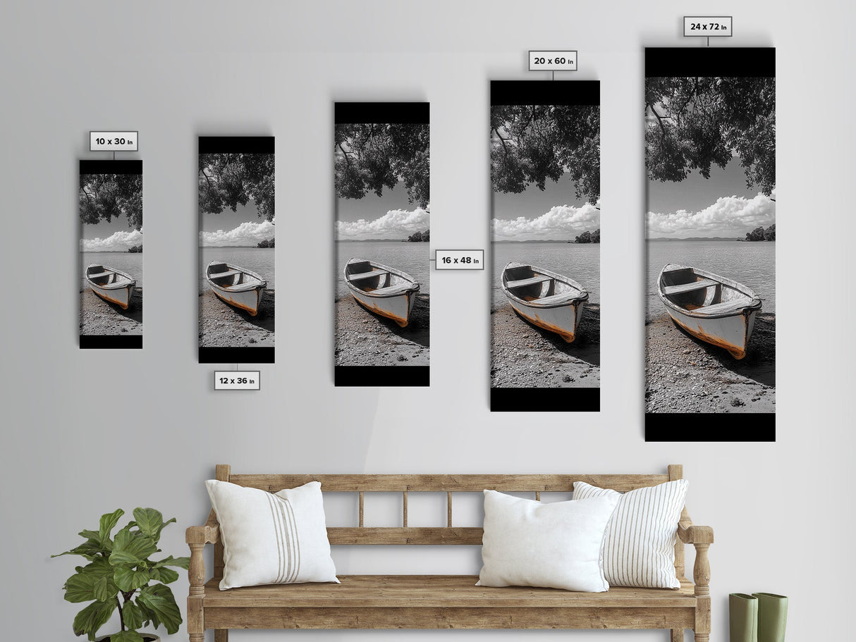 Rustic Rowboat, Tranquil Shore, Coastal Serenity, Vintage Lake Style, Canvas Print, Living Room Wall Art, Monochrome Nature Photography