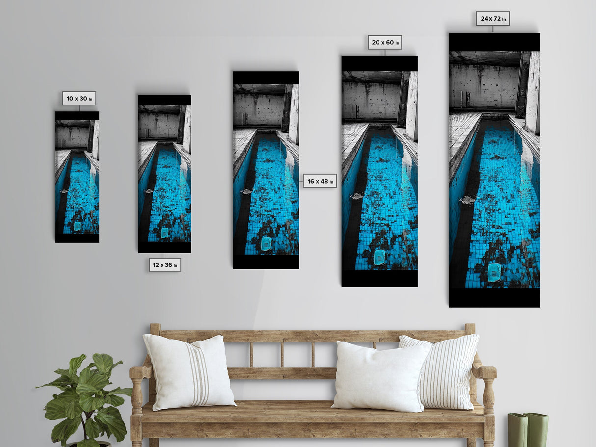 Abandoned Pool, Urban Texture, Gritty Vibes, Blue Contrast, Framed Canvas Print, Industrial Wall Art, Moody Bathroom or Loft Decor