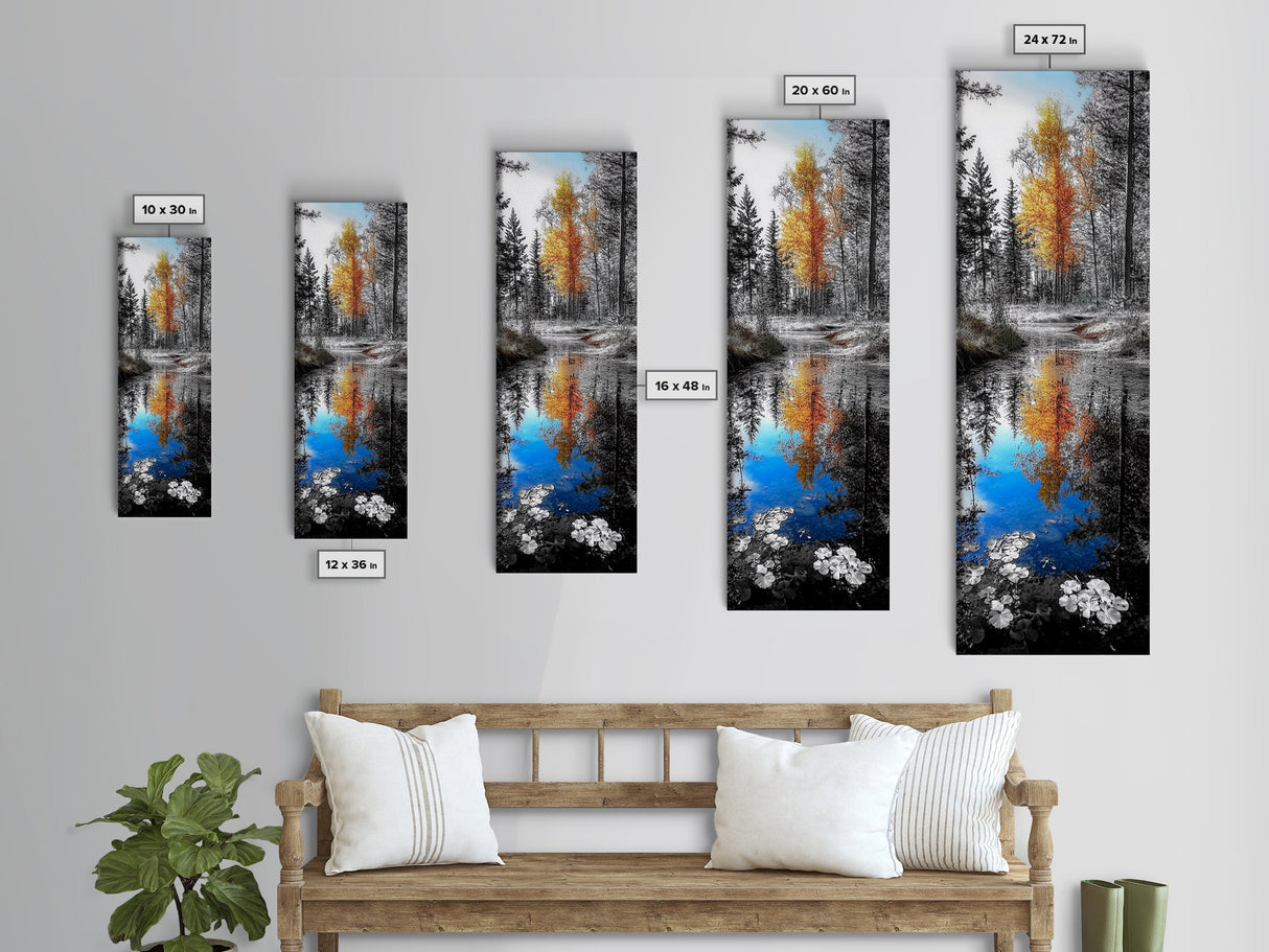 Golden Tree, Blue Reflection, Autumn Forest Mirror, Seasonal Beauty, Canvas Print, Fall Wall Art, Nature Decor, Living Room Accent