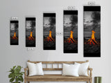 Beach Bonfire, Glowing Flame, Night Ocean, Framed Canvas Print, Autumn Coastal Wall Art, Rustic Cabin Decor, Moody Beach Photography