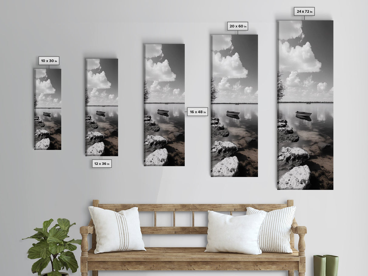 Monochrome Boat Lake, Peaceful Dockside, Still Waters, Minimal Calm, Framed Canvas Print, Bedroom Wall Art, Black White Photography