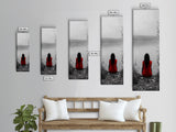 Solitude Reflection, Red Dress Woman, Tranquil Mood, Autumn Lake Scene, Framed Canvas Print, Mindful Art, Bedroom Wall Decor