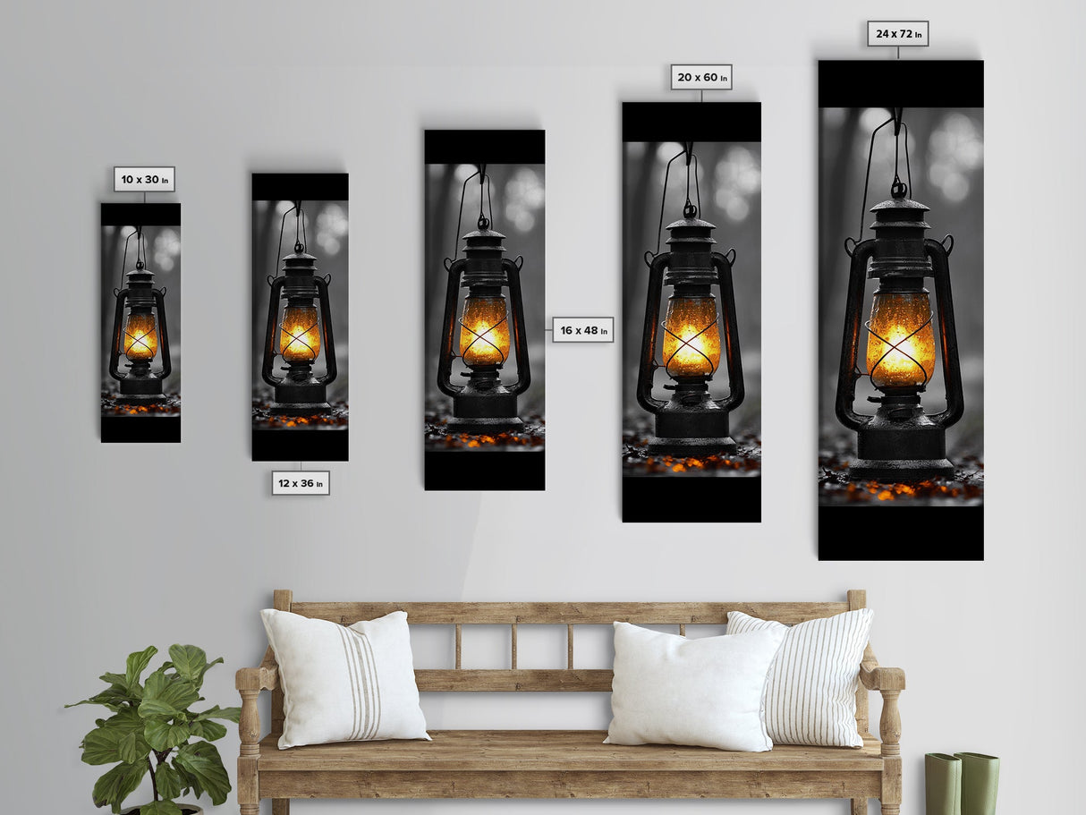 Vintage Lantern Glow, Moody Forest Scene, Rainy Night Light, Framed Canvas Print Rustic Entryway Wall Art, Autumn Warmth Art Style