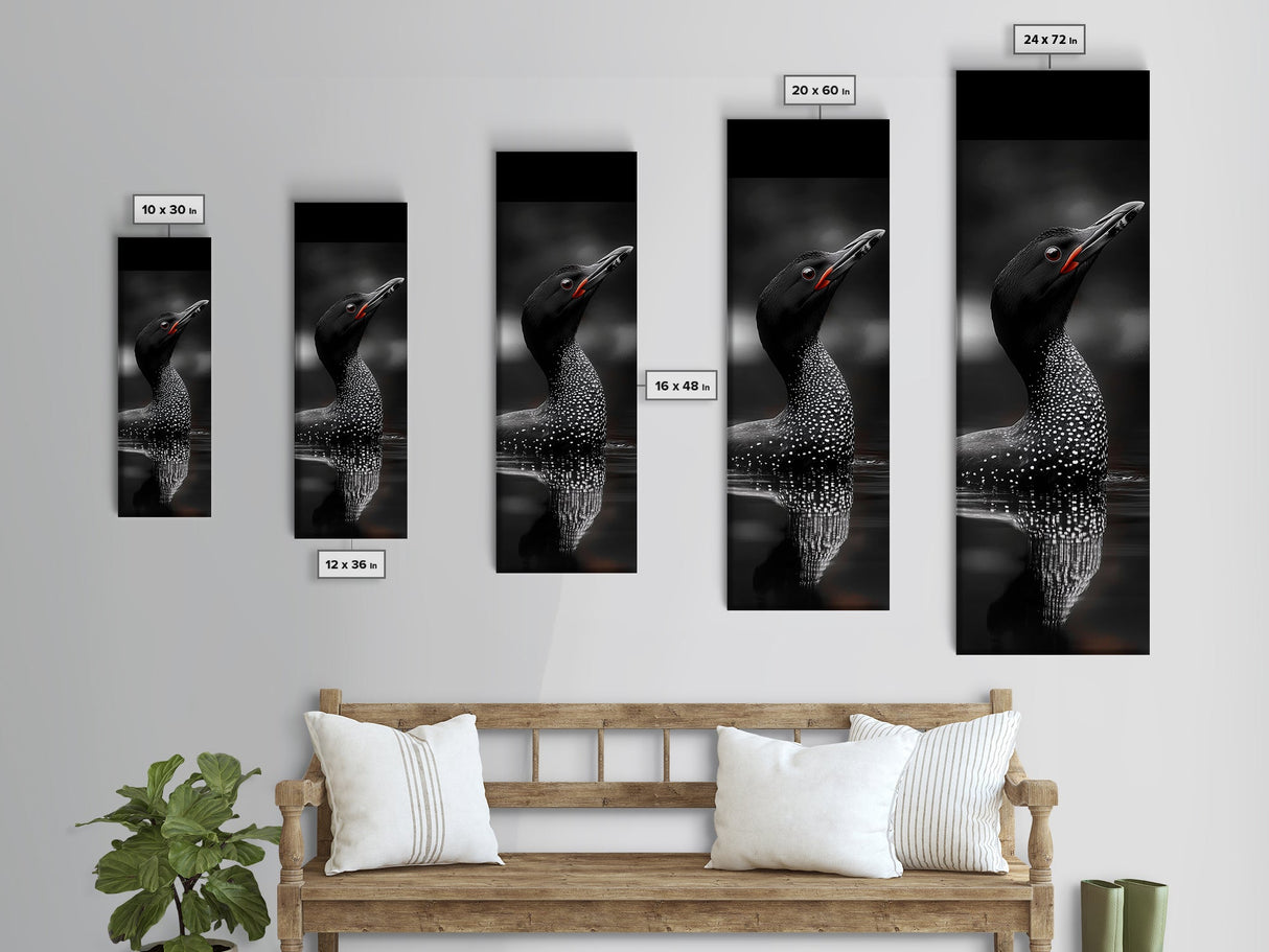 Loon Bird, Red Eye, Monochrome Wildlife, Nature Framed Canvas Print, modern living room wall art, black and white animal art