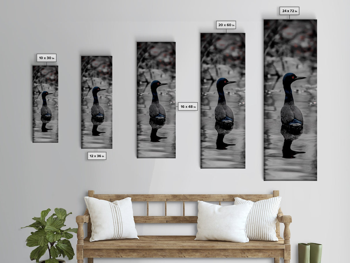 Blue Loon, Water Reflection, Elegant Bird, Lake Life Framed Canvas Print, cabin decor, nature wall art, minimalist bird art, office wall art