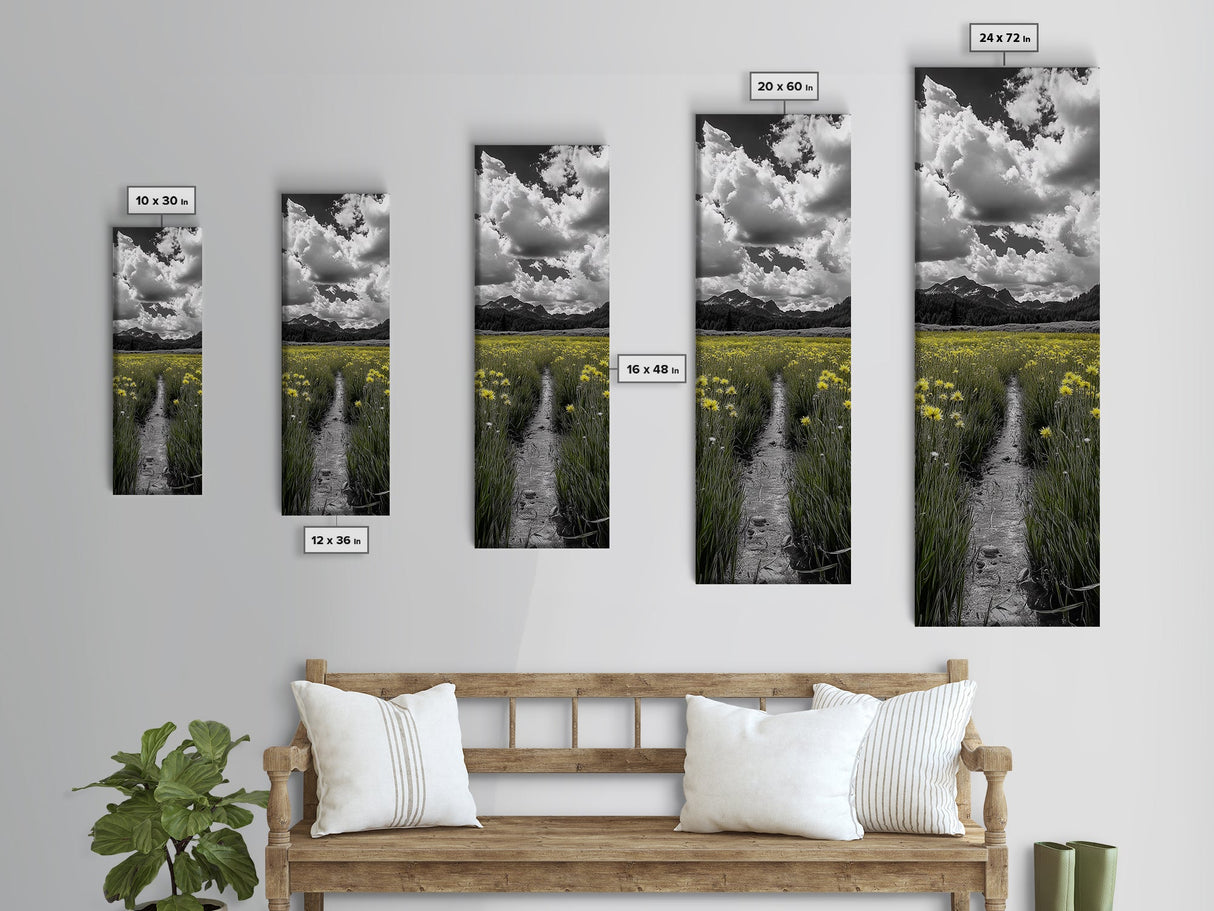Yellow Field, Mountain Trail, Alpine Meadow, Bright Sky Framed Canvas Print, nature lover gift, landscape wall decor, cabin wall art