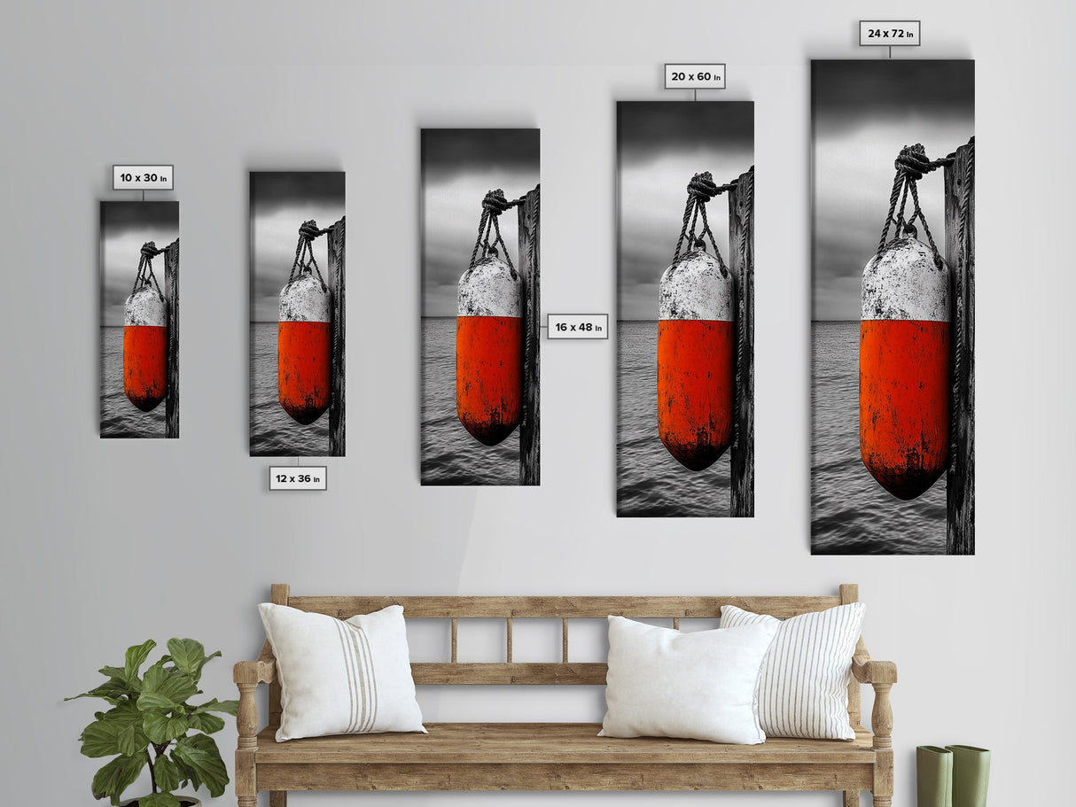 Orange Buoy, Weathered Pier, Nautical Accent, Coastal Wall Framed Canvas Print, beach house bathroom art, rustic ocean decor