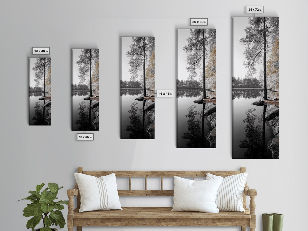 Serene Forest, Pine Reflection, Tranquil Lake, Autumn Vibe, Canvas Print, bedroom wall art, rustic neutral decor, nature minimalist