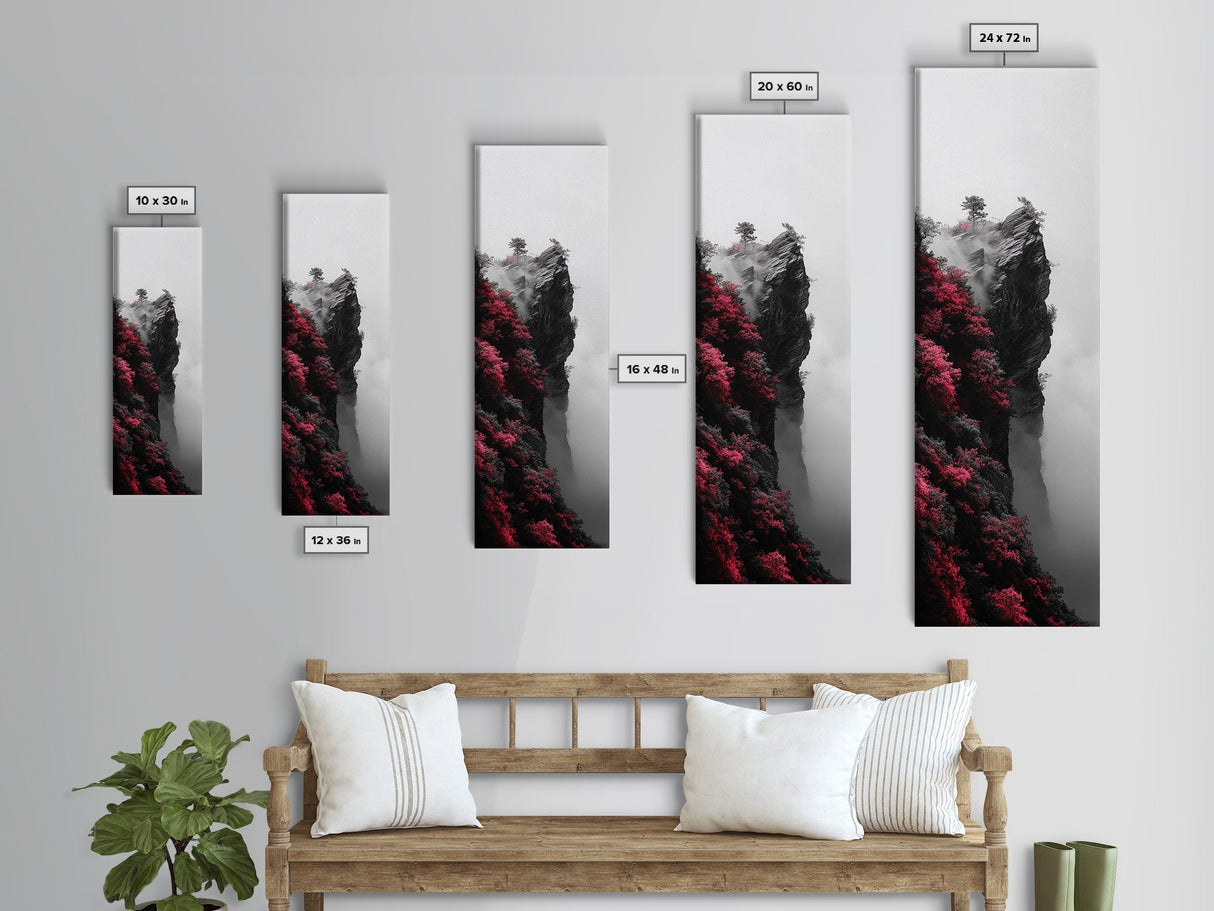 Misty Cliffs, Pink Blossoms, Zen Mountains, Dreamy Fog, Framed Canvas Print, boho wall art, meditation space, nature fantasy decor