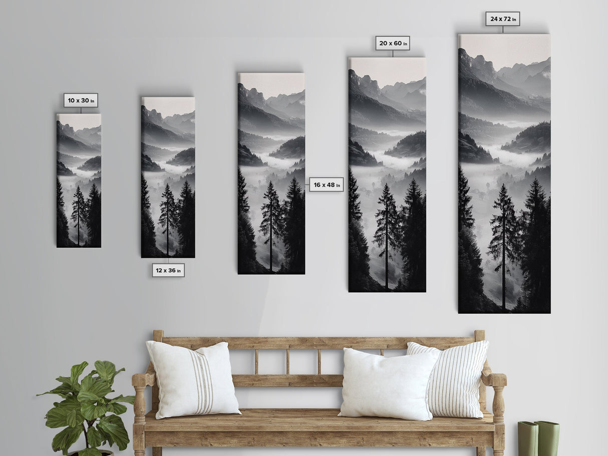 Foggy Mountains, Pine Forest, Valley Mist, Calm Landscape, Canvas Print, entryway wall art, cozy cabin vibes, grayscale art style