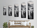 Foggy Mountains, Pine Forest, Valley Mist, Calm Landscape, Canvas Print, entryway wall art, cozy cabin vibes, grayscale art style