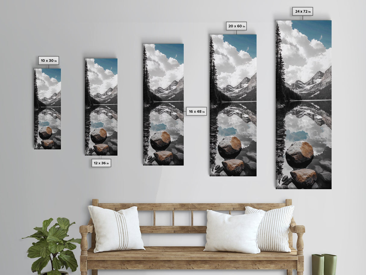 Alpine Reflection, Lake View, Mountain Tranquility, Framed Canvas Print, Nature Lover Gift, Bathroom Wall Art, Boho Landscape Art, Neutral Decor