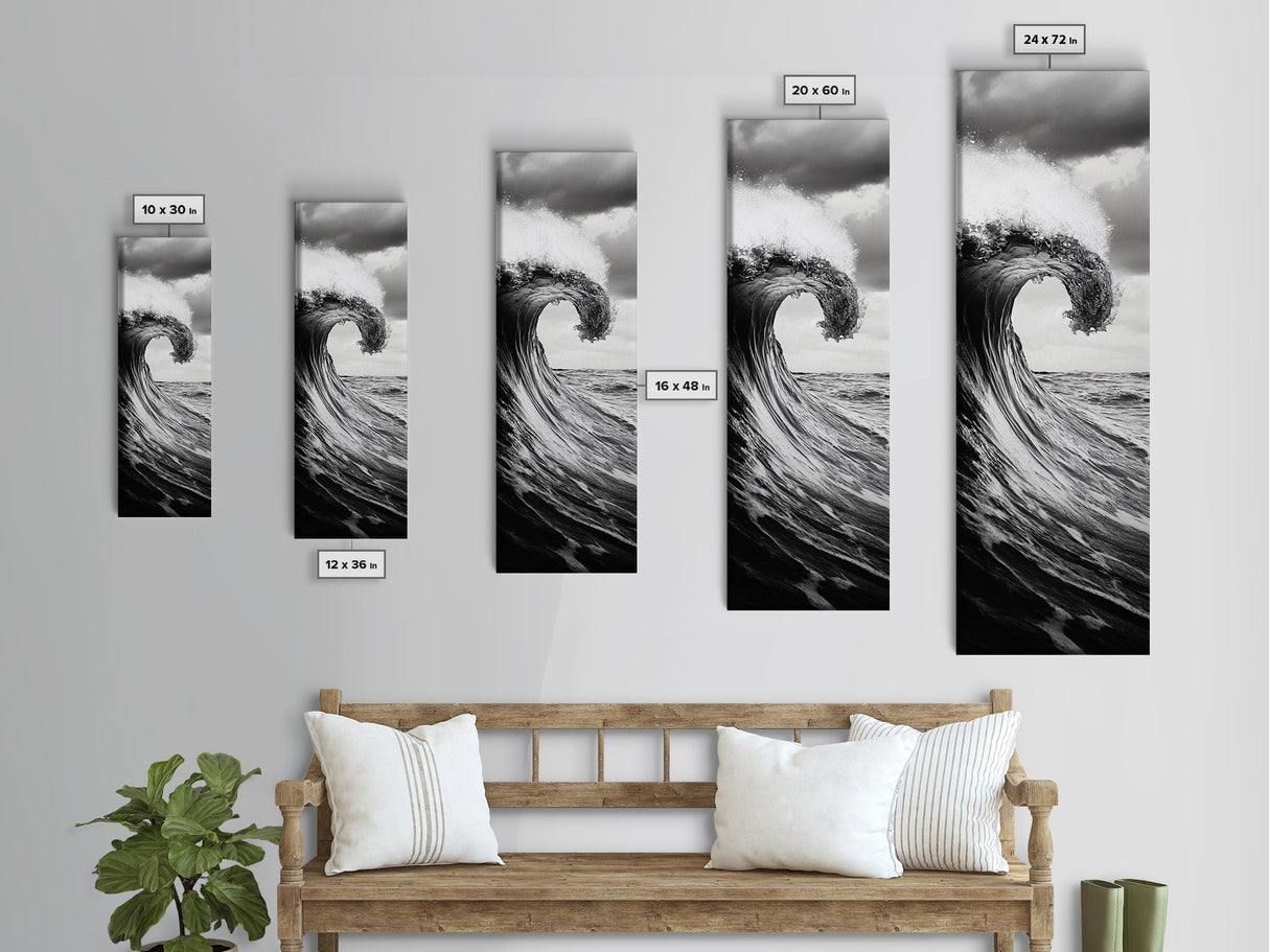 Ocean Wave, Monochrome Surf, Nature Power, Dramatic Sea, Framed Canvas Print, Coastal Wall Decor, Modern Bathroom Art, Minimalist Ocean Art