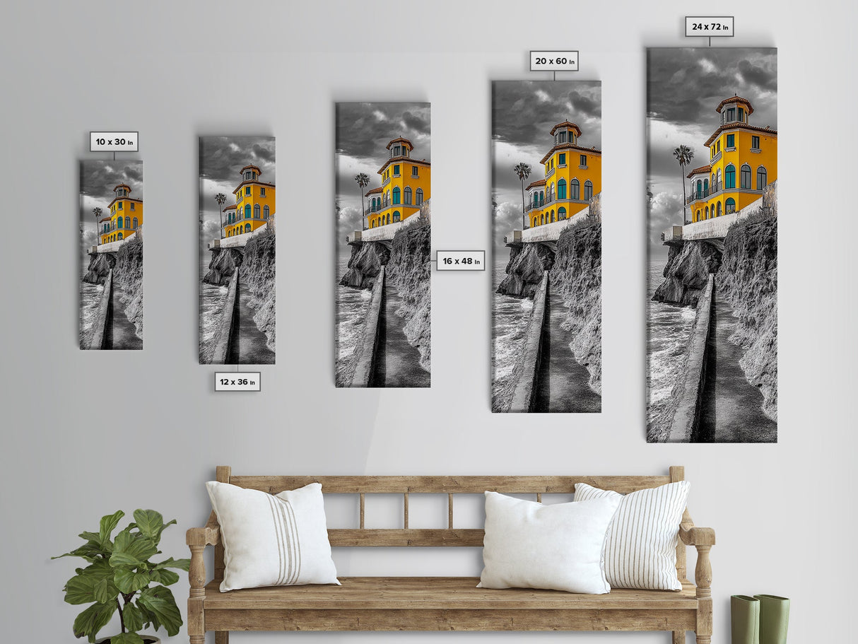 Yellow Villa, Coastal House, Mediterranean Escape, Bold Architecture, Canvas Print, Kitchen Wall Art, Modern Coastal Decor, Travel Photography