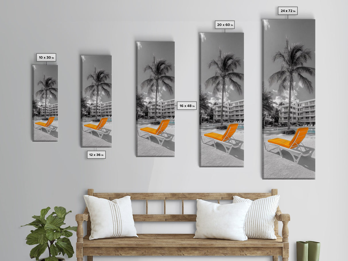 Poolside Palm, Tropical Escape, Resort Vibe, Orange Chair, Framed Canvas Print, Summer Wall Decor, Boho Art, Living Room Tropical Art