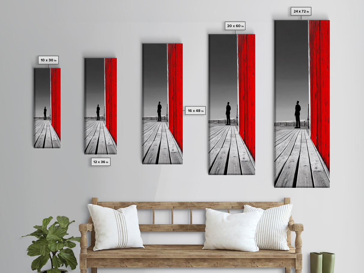 Man Silhouette, Red Wall, Boardwalk Contrast, Minimal Scene, Framed Canvas Print, Urban Wall Art, Modern Decor, Office Accent Piece