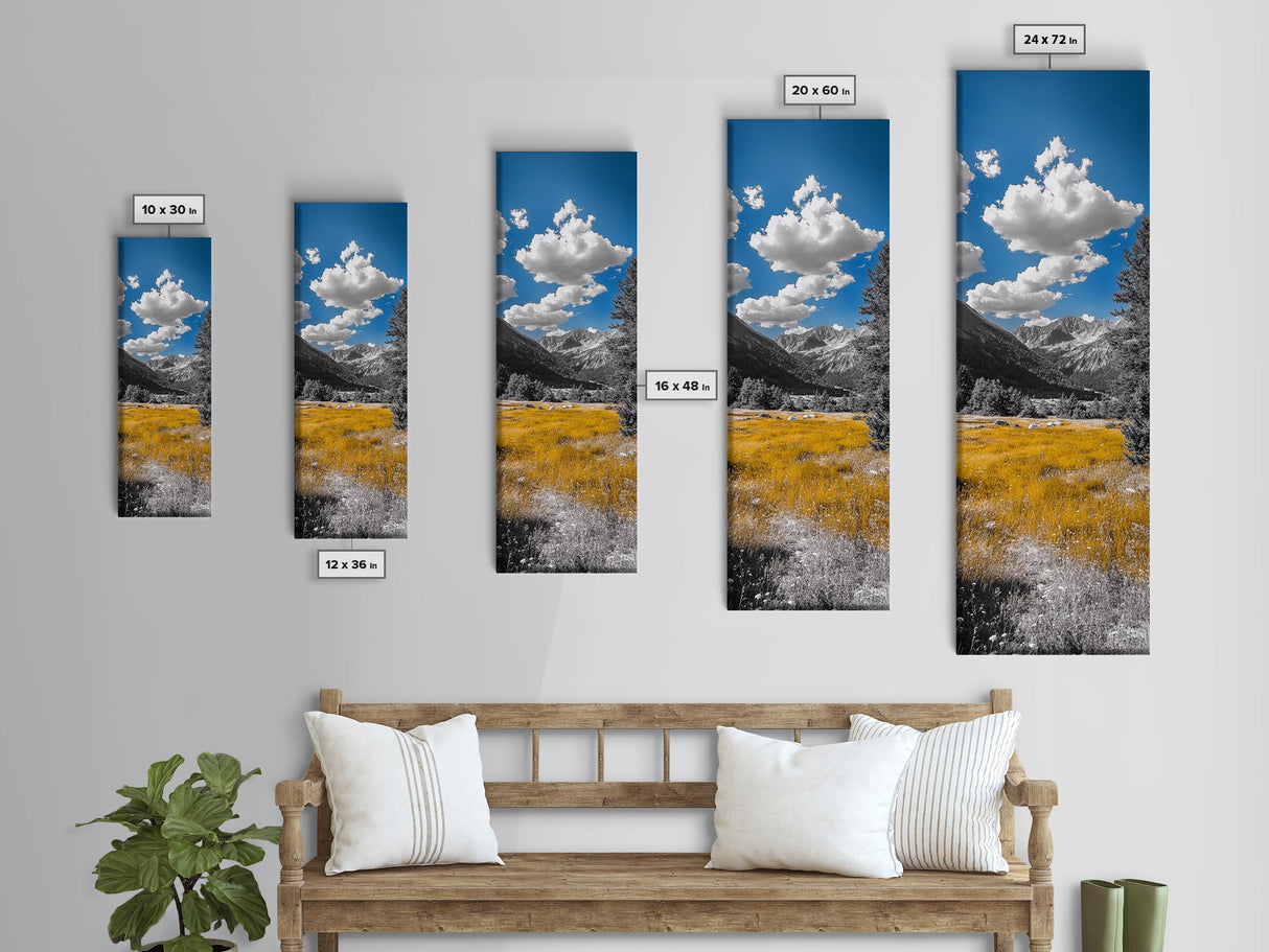 Golden Field, Mountain Range, Blue Sky, Framed Canvas Print, Autumn Landscape Art, Nature Lover Gift, Cabin Wall Art, Rustic Farmhouse Decor