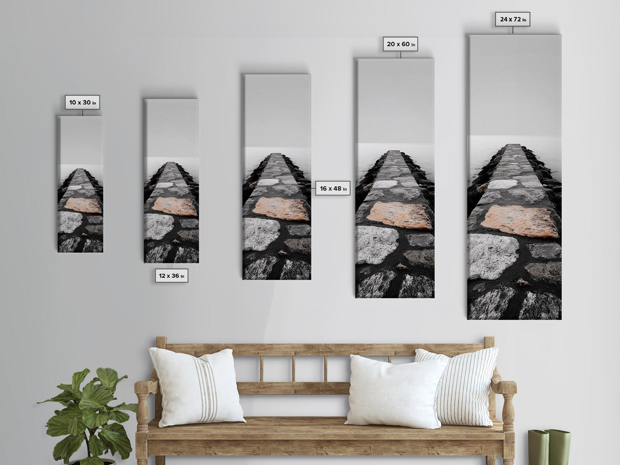 Stone Pathway, Tranquil Jetty, Ocean Horizon, Minimalist Art, Framed Canvas Print, Coastal Decor, Entryway Wall Art