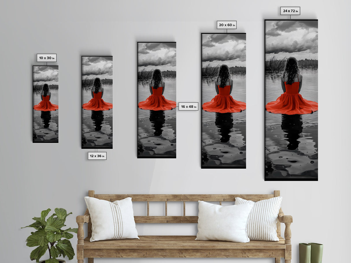 Woman in Red, Serene Lake, Moody Reflections, Dramatic Art Scene, Canvas Print, Bedroom Wall Art, Romantic Decor, Adventure Themed Ar