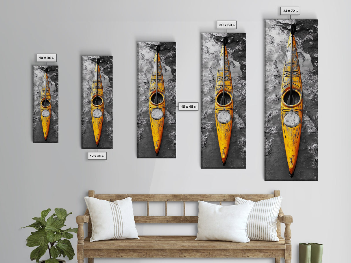 Yellow Kayak, Muddied Shoreline, Solo Adventure, Framed Canvas Print, Rustic Outdoors Decor, Autumn Wall Art, Boho Kayaking Style