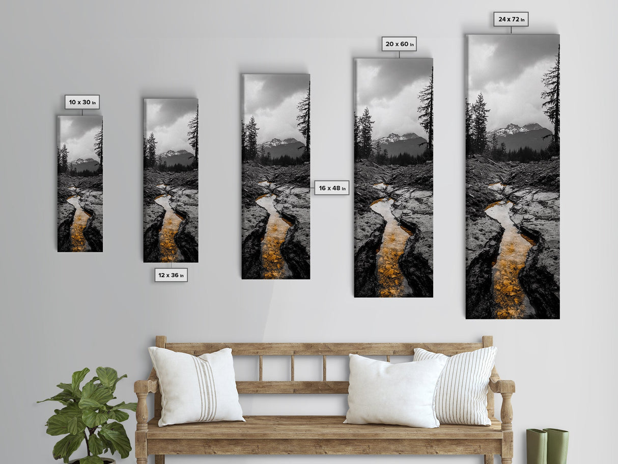 Mountain Creek Flow, Moody Nature Stream, Rustic Adventure Scene, Canvas Print, Autumn Forest Wall Art, Lodge Style Bedroom Decor