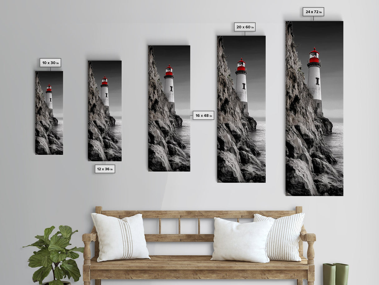 Red Lighthouse Art, Nautical Coastal Scene, Moody Seaside Decor, Framed Canvas Print, Ocean Wall Art, Bathroom or Office Accent