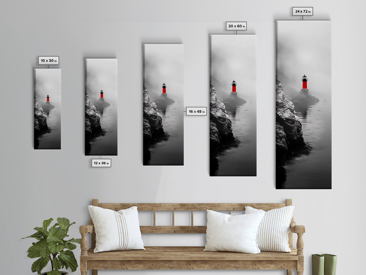Misty Lighthouse View, Red Beacon Decor, Coastal Minimalist Art, Framed Canvas Print, Modern Seascape Living Room Wall Decor