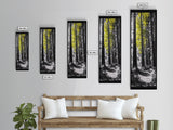 Forest Path Print, Yellow Tree Glow Art, Nature Lover’s Retreat, Framed Canvas Print, Fall Woodland Living Room Wall Decor, Moody Landscape