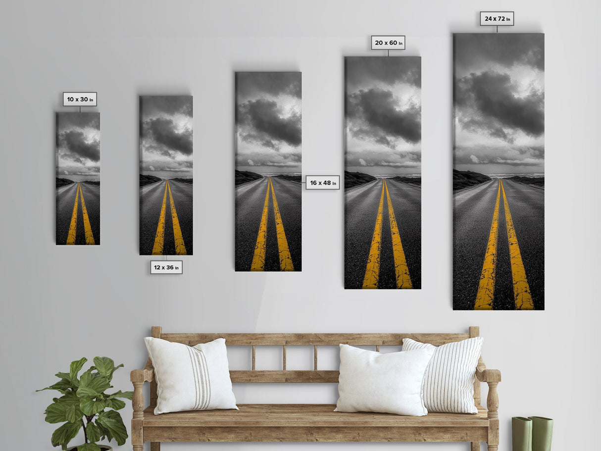 Yellow Lines, Endless Road, Moody Highway Art, Adventure Wall Decor, Canvas Print, Urban Modern Wall Art, Man Cave or Office Art