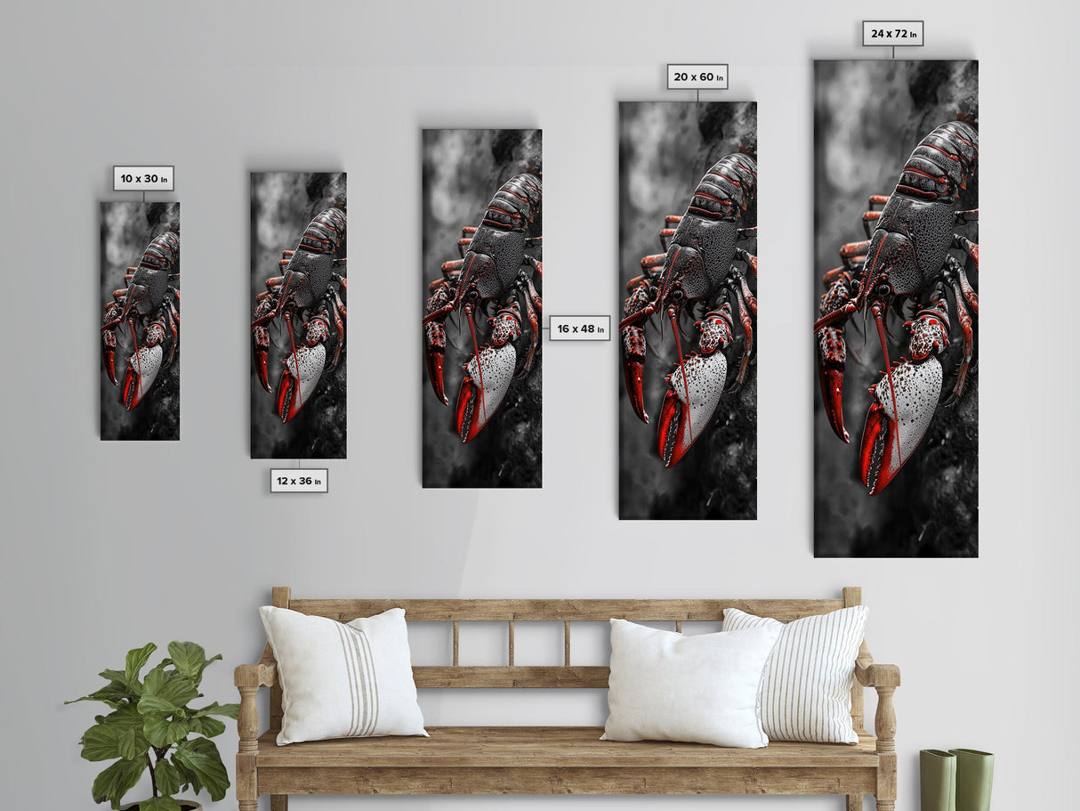 Red Lobster, Detailed Sea Art, Macro Crustacean, Dark Marine Art, Striking Coastal Piece, Framed Canvas Print, Moody Office Wall Decor