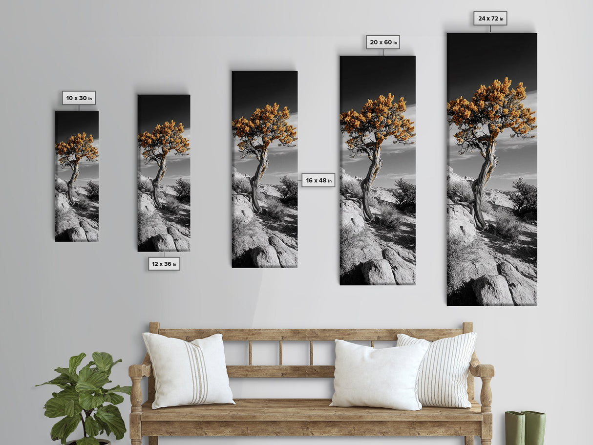 Twisted Tree, Desert Bloom, Rustic Wilderness, Nature Drama, Framed Canvas Print, Boho Living Room Wall Art, Moody Outdoor Style