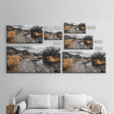 Autumn Path, Golden Bushes, Seasonal Stream, Fall Foliage, Framed Canvas Print, Cozy Entryway Decor, Rustic Wall Art, Nature Inspired