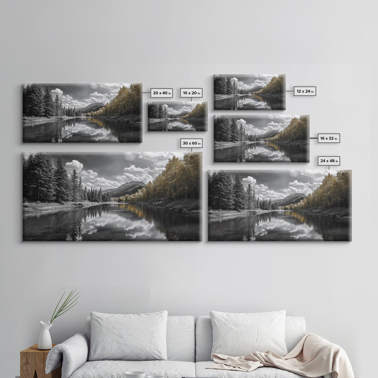 Lake, Mountains, Trees, Reflective mountain lake landscape in this Framed Canvas Print, peaceful Nature Lover Living Room Wall Art
