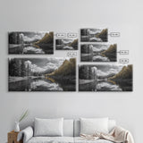 Lake, Mountains, Trees, Reflective mountain lake landscape in this Framed Canvas Print, peaceful Nature Lover Living Room Wall Art